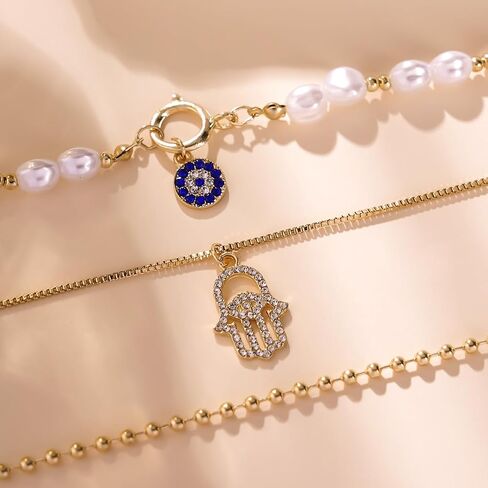 18K Gold Plated Layered Necklace Set Pearl Beaded Chain Evil Eye Hamsa Hand Pendant Multi Strand Necklace Adjustable Length Boho Chic Fashion Jewelry for Women Party Daily Wear in Kuwait