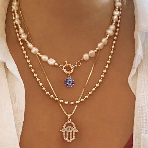 18K Gold Plated Layered Necklace Set Pearl Beaded Chain Evil Eye Hamsa Hand Pendant Multi Strand Necklace Adjustable Length Boho Chic Fashion Jewelry for Women Party Daily Wear in Kuwait