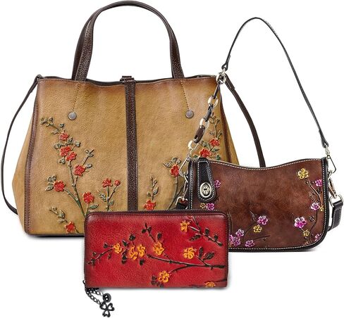 Genuine Leather Vintage Bag & Wallet Set for Women - Cowhide Crossbody Purse with RFID Blocking Wallet, Flower Embossed Retro Gift Combo in Saudi Arabia