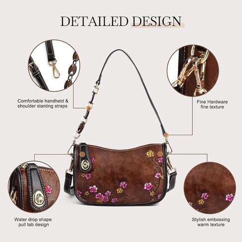 Genuine Leather Vintage Bag & Wallet Set for Women - Cowhide Crossbody Purse with RFID Blocking Wallet, Flower Embossed Retro Gift Combo in Saudi Arabia