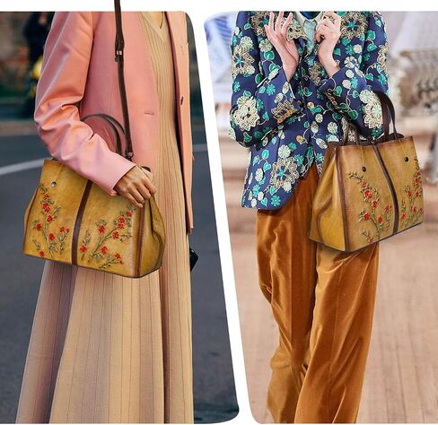 Genuine Leather Vintage Bag & Wallet Set for Women - Cowhide Crossbody Purse with RFID Blocking Wallet, Flower Embossed Retro Gift Combo in Saudi Arabia