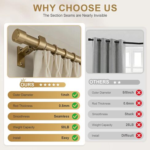 Warm Gold Brass Curtain Rod 36-144 Inches Adjustable, 1" Diameter Heavy Duty Window Rod with Solid Aluminum Finials & Heavy Duty Brackets for Bedroom Living Room Kitchen in Saudi Arabia