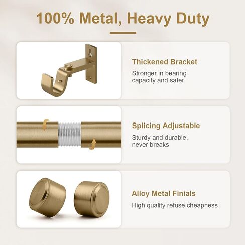 Warm Gold Brass Curtain Rod 36-144 Inches Adjustable, 1" Diameter Heavy Duty Window Rod with Solid Aluminum Finials & Heavy Duty Brackets for Bedroom Living Room Kitchen in Saudi Arabia
