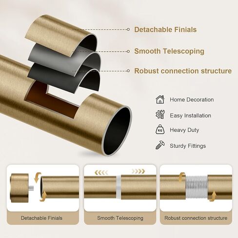 Warm Gold Brass Curtain Rod 36-144 Inches Adjustable, 1" Diameter Heavy Duty Window Rod with Solid Aluminum Finials & Heavy Duty Brackets for Bedroom Living Room Kitchen in Saudi Arabia