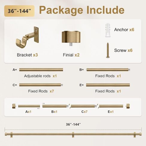 Warm Gold Brass Curtain Rod 36-144 Inches Adjustable, 1" Diameter Heavy Duty Window Rod with Solid Aluminum Finials & Heavy Duty Brackets for Bedroom Living Room Kitchen in Saudi Arabia