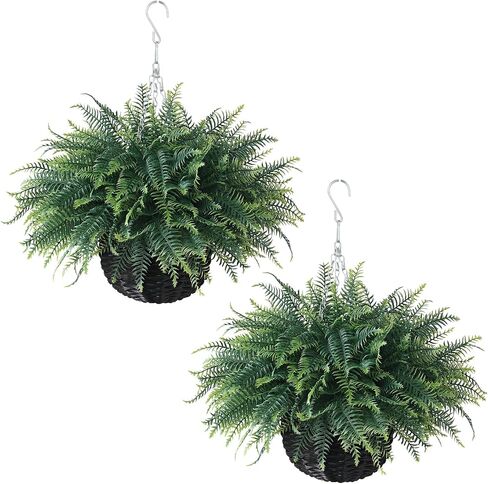 FOTEEWL Artificial Ferns Hanging Basket for Outdoor - 2 Sets Sun-Resistant Lifelike Plants Fake Fern Faux Greenery Bush for Porch, Home Garden, Farmhouse, Eaves, Yard Decor in Saudi Arabia