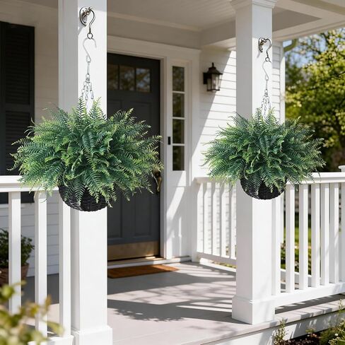 FOTEEWL Artificial Ferns Hanging Basket for Outdoor - 2 Sets Sun-Resistant Lifelike Plants Fake Fern Faux Greenery Bush for Porch, Home Garden, Farmhouse, Eaves, Yard Decor in Saudi Arabia