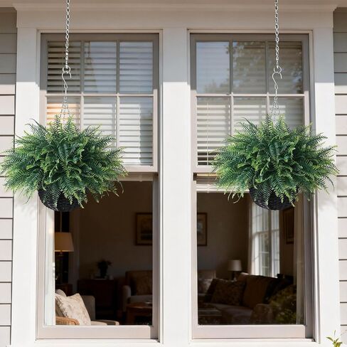 FOTEEWL Artificial Ferns Hanging Basket for Outdoor - 2 Sets Sun-Resistant Lifelike Plants Fake Fern Faux Greenery Bush for Porch, Home Garden, Farmhouse, Eaves, Yard Decor in Saudi Arabia