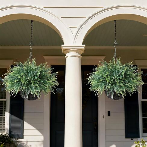 FOTEEWL Artificial Ferns Hanging Basket for Outdoor - 2 Sets Sun-Resistant Lifelike Plants Fake Fern Faux Greenery Bush for Porch, Home Garden, Farmhouse, Eaves, Yard Decor in Saudi Arabia