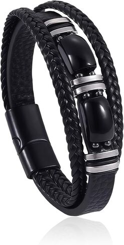 Men's Tiger Eye Leather Bracelet, Triple Layer Braided Leather Wristband, Bead Cuff Bracelet for Business and Casual Wear, Masculine Jewelry Accessories in Kuwait