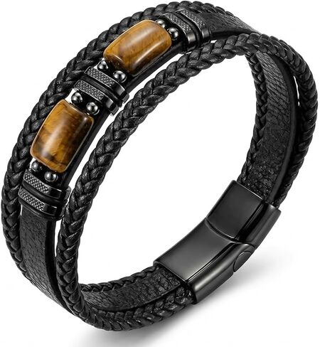 Men's Tiger Eye Leather Bracelet, Triple Layer Braided Leather Wristband, Bead Cuff Bracelet for Business and Casual Wear, Masculine Jewelry Accessories in Kuwait