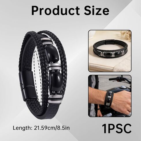 Men's Tiger Eye Leather Bracelet, Triple Layer Braided Leather Wristband, Bead Cuff Bracelet for Business and Casual Wear, Masculine Jewelry Accessories in Kuwait