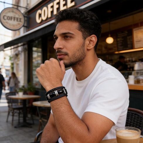 Men's Tiger Eye Leather Bracelet, Triple Layer Braided Leather Wristband, Bead Cuff Bracelet for Business and Casual Wear, Masculine Jewelry Accessories in Kuwait