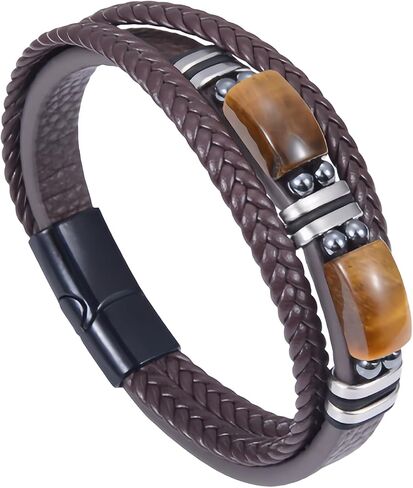 Men's Tiger Eye Leather Bracelet, Triple Layer Braided Leather Wristband, Bead Cuff Bracelet for Business and Casual Wear, Masculine Jewelry Accessories in Kuwait