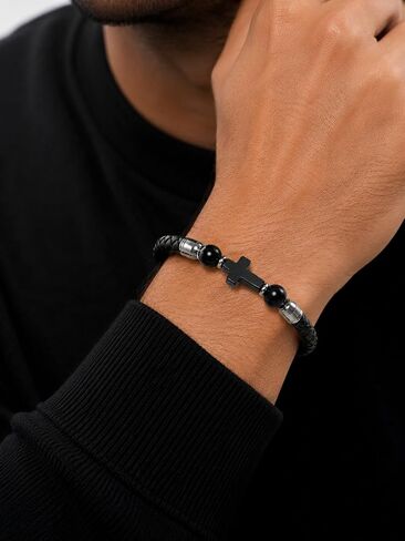 Men's Cross Bracelet Tiger Eye/Lapis Lazuli/Turquoise/Black Obsidian Braided Leather Cuff，Single & Double Layer Multilayer Woven Jewelry for Him in Kuwait