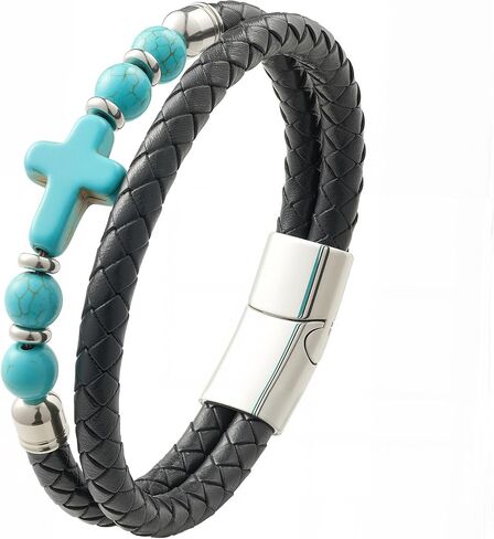 Men's Cross Bracelet Tiger Eye/Lapis Lazuli/Turquoise/Black Obsidian Braided Leather Cuff，Single & Double Layer Multilayer Woven Jewelry for Him in Kuwait