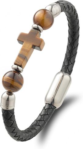 Men's Cross Bracelet Tiger Eye/Lapis Lazuli/Turquoise/Black Obsidian Braided Leather Cuff，Single & Double Layer Multilayer Woven Jewelry for Him in Kuwait