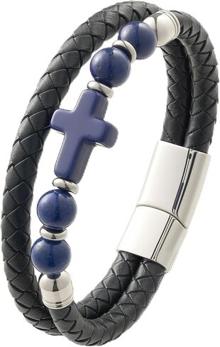 Men's Cross Bracelet Tiger Eye/Lapis Lazuli/Turquoise/Black Obsidian Braided Leather Cuff，Single & Double Layer Multilayer Woven Jewelry for Him in Kuwait