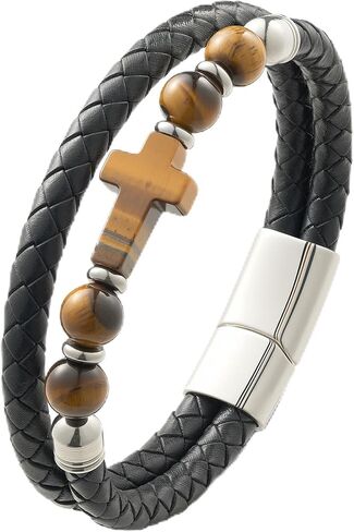 Men's Cross Bracelet Tiger Eye/Lapis Lazuli/Turquoise/Black Obsidian Braided Leather Cuff，Single & Double Layer Multilayer Woven Jewelry for Him in Kuwait