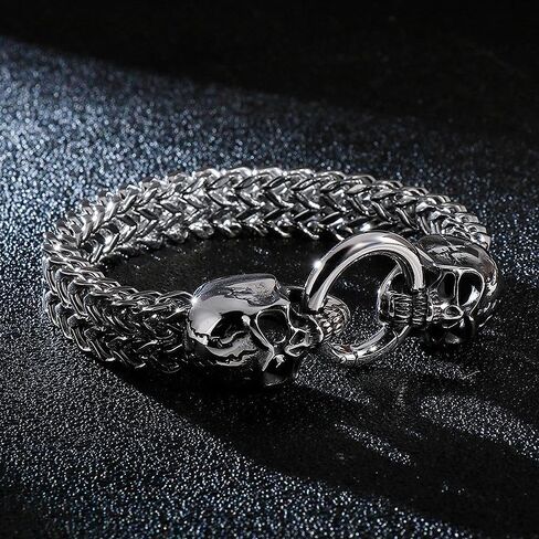 Stainless Steel Gothic Double Skull Chain Bracelet with Ring Clasp for Men Biker Punk Rock Party Jewelry in Kuwait