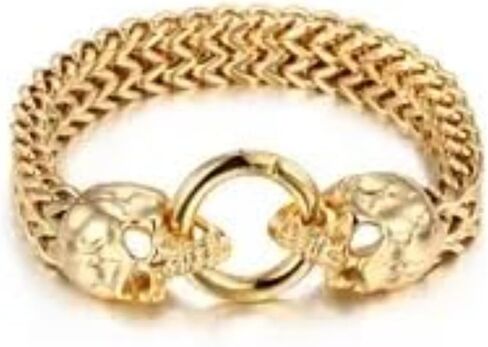 Stainless Steel Gothic Double Skull Chain Bracelet with Ring Clasp for Men Biker Punk Rock Party Jewelry in Kuwait