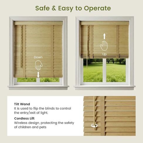2" Cordless Bamboo Blinds,Indoor Windows Horizontal Blackout Wood Blinds, Room Darkening Window Shades for Interior Bedrooms, Living Rooms, Offices Natural 27.5" W x 64" H in Saudi Arabia