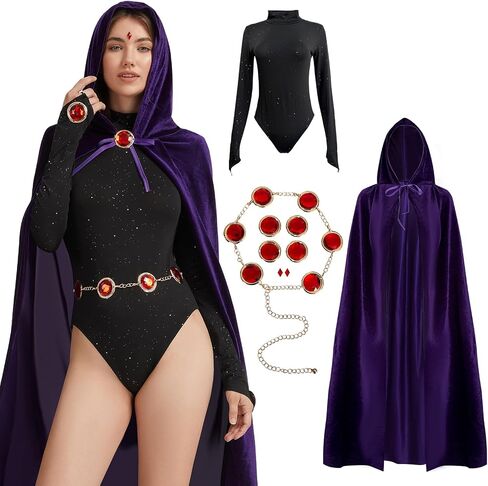 Adult Halloween Costumes 2026 Women Long Sleeve Bodysuits Purple Cape and Anime Cosplay Red Gem Waist Belt Costumes in Saudi Arabia