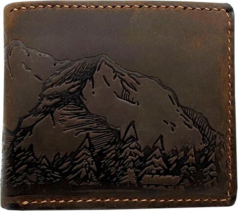 Mayan Corner - Mountain landscape handcrafted leather wallet, distress waxed leather gift, ID card slot bifold style in Saudi Arabia