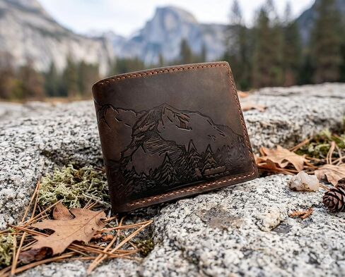 Mayan Corner - Mountain landscape handcrafted leather wallet, distress waxed leather gift, ID card slot bifold style in Saudi Arabia