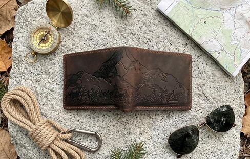 Mayan Corner - Mountain landscape handcrafted leather wallet, distress waxed leather gift, ID card slot bifold style in Saudi Arabia