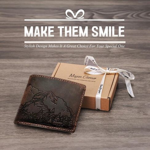 Mayan Corner - Mountain landscape handcrafted leather wallet, distress waxed leather gift, ID card slot bifold style in Saudi Arabia