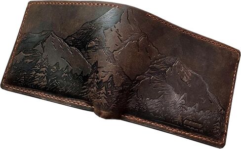 Mayan Corner - Mountain landscape handcrafted leather wallet, distress waxed leather gift, ID card slot bifold style in Saudi Arabia
