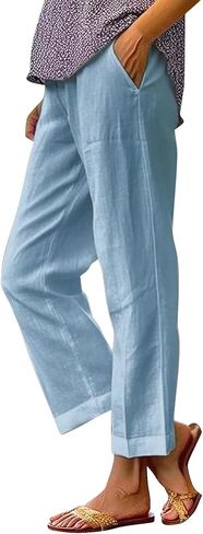 Womens Cotton Linen Pants Dressy Casual Summer 2026 Relax Fit Elastic High Waisted Straight Leg Lounge Trousers in Kuwait