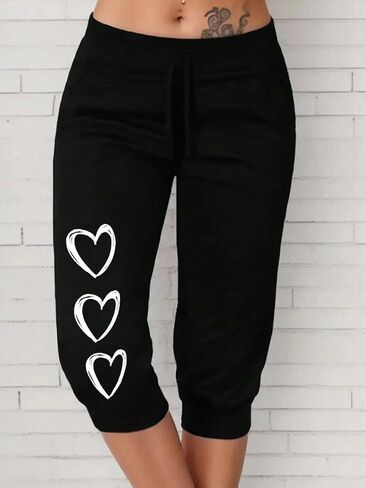 Capri Jogger Pants with White Heart Print Drawstring Waist Cropped Sweatpants for Women’s Casual Loungewear in Kuwait
