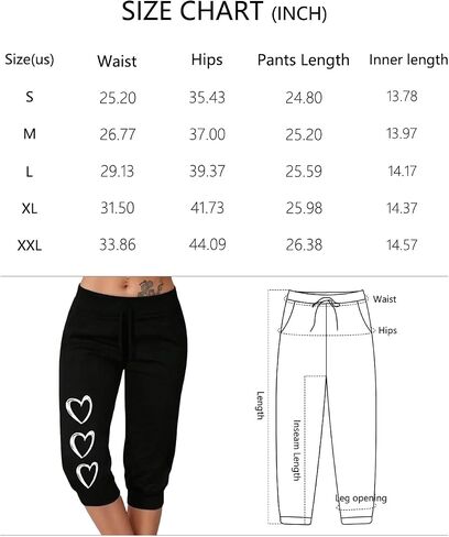 Capri Jogger Pants with White Heart Print Drawstring Waist Cropped Sweatpants for Women’s Casual Loungewear in Kuwait