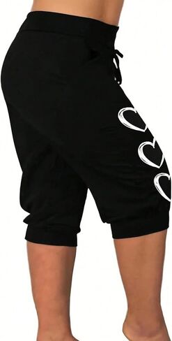 Capri Jogger Pants with White Heart Print Drawstring Waist Cropped Sweatpants for Women’s Casual Loungewear in Kuwait