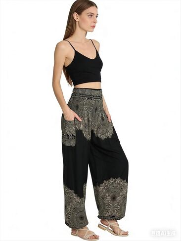 Women's Black Boho Print High Waist Wide Yoga Leg Pants with Pockets Loose Casual Trousers,Large in Kuwait