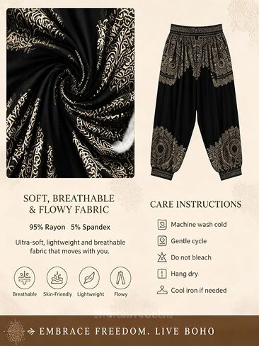 Women's Black Boho Print High Waist Wide Yoga Leg Pants with Pockets Loose Casual Trousers,Large in Kuwait