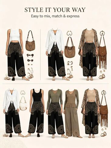 Women's Black Boho Print High Waist Wide Yoga Leg Pants with Pockets Loose Casual Trousers,Large in Kuwait