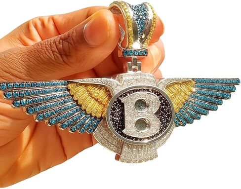 B Wing Men's Pendant with Multicolor Simulated Gemstones IN 925 Sterling Silver Two Tone Gold Plated in Saudi Arabia