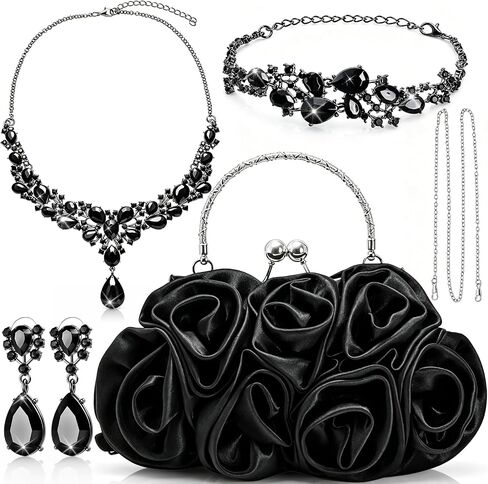 4 Pcs Rose Clutch Rhinestone Jewelry Set, Flower Evening Bag with Detachable Strap Necklace Bracelet Dangle Earrings, Women Satin Purse for Wedding Prom Party Banquet Gift in Saudi Arabia
