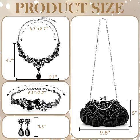 4 Pcs Rose Clutch Rhinestone Jewelry Set, Flower Evening Bag with Detachable Strap Necklace Bracelet Dangle Earrings, Women Satin Purse for Wedding Prom Party Banquet Gift in Saudi Arabia