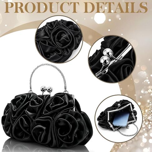 4 Pcs Rose Clutch Rhinestone Jewelry Set, Flower Evening Bag with Detachable Strap Necklace Bracelet Dangle Earrings, Women Satin Purse for Wedding Prom Party Banquet Gift in Saudi Arabia
