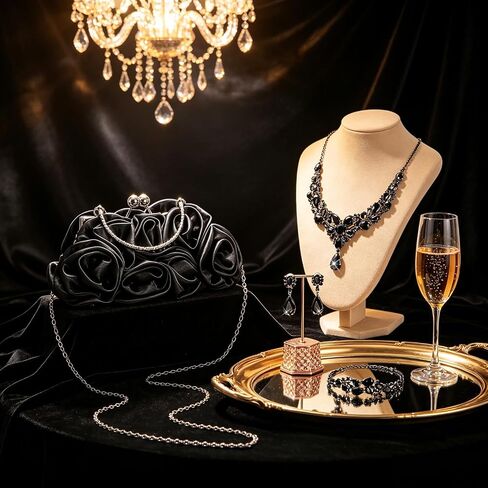 4 Pcs Rose Clutch Rhinestone Jewelry Set, Flower Evening Bag with Detachable Strap Necklace Bracelet Dangle Earrings, Women Satin Purse for Wedding Prom Party Banquet Gift in Saudi Arabia