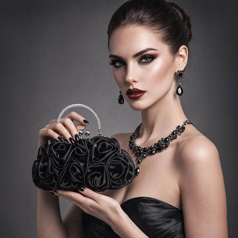 4 Pcs Rose Clutch Rhinestone Jewelry Set, Flower Evening Bag with Detachable Strap Necklace Bracelet Dangle Earrings, Women Satin Purse for Wedding Prom Party Banquet Gift in Saudi Arabia