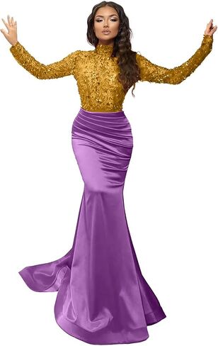 Sparkly Sequin Prom Dresses with Sleeves Satin Formal Dress Mermaid Evening Gown Long Open Back JS0024 in Saudi Arabia