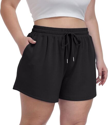 OLRIK Plus Size Shorts for Women with Pockets Soft Stretch Elastic Waist Drawstring Athletic Lounge Casual Shorts in Kuwait