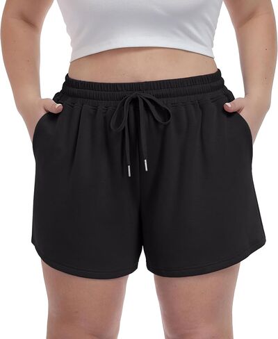 OLRIK Plus Size Shorts for Women with Pockets Soft Stretch Elastic Waist Drawstring Athletic Lounge Casual Shorts in Kuwait