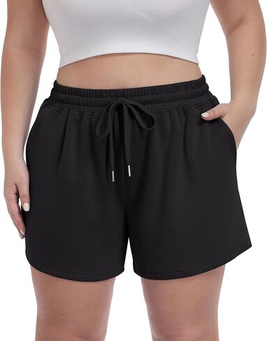 OLRIK Plus Size Shorts for Women with Pockets Soft Stretch Elastic Waist Drawstring Athletic Lounge Casual Shorts in Kuwait