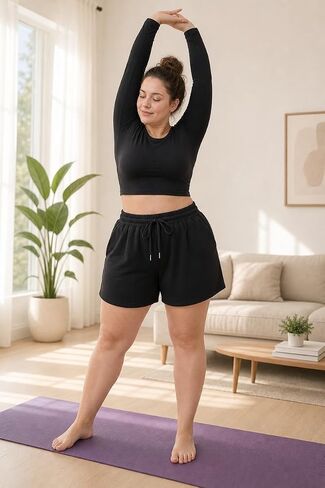 OLRIK Plus Size Shorts for Women with Pockets Soft Stretch Elastic Waist Drawstring Athletic Lounge Casual Shorts in Kuwait